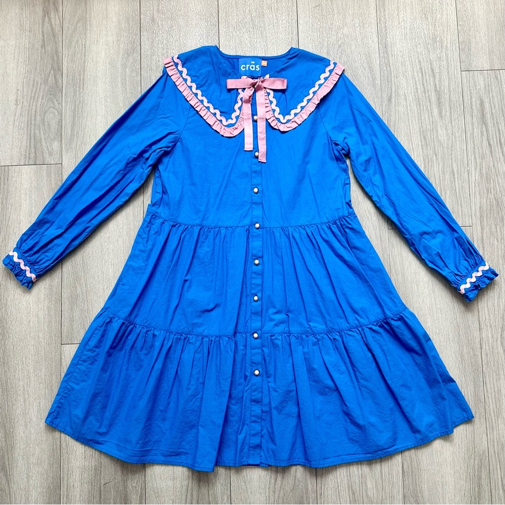 Crās/Cras Dannie Dress Strong Blue Pink Ruffle Statement Collar Mini Size S